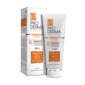 کرم ضد آفتاب رنگی پرودرما، SPF 90، مدل 90 Sunvest، مناسب انواع پوست با تنالیته متوسط و حجم 40 میلی لیتر، ضدآب، فاقد پارابن، محافظتکننده در برابر اشعههای UVA و UVB و غیر کومدونزا، PA+++، ضد چروک، دارای فرمولاسیون ویتامین C، با ماندگاری 2 ساعته